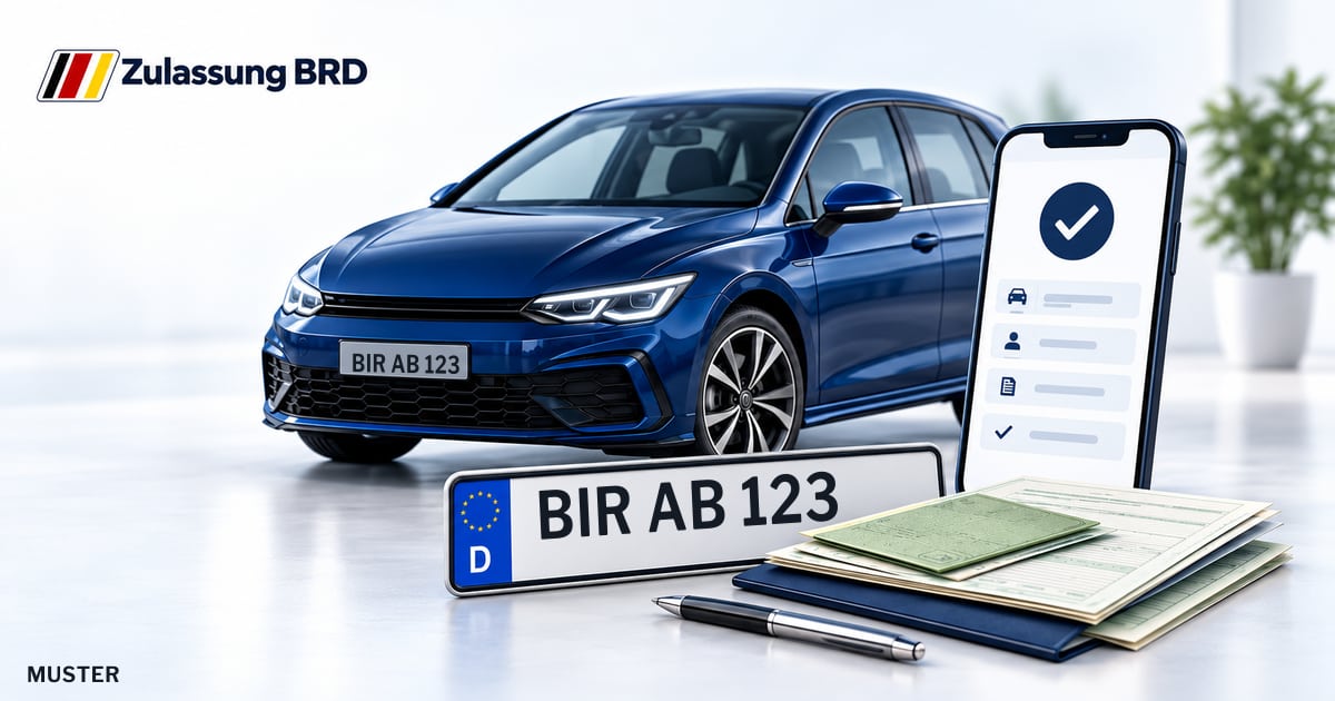 Online Fahrzeugzulassung in Landkreis Birkenfeld: Musterkennzeichen BIR AB 123, Auto und Fahrzeugpapiere und Smartphone. Illustration mit Logo von Zulassung BRD.